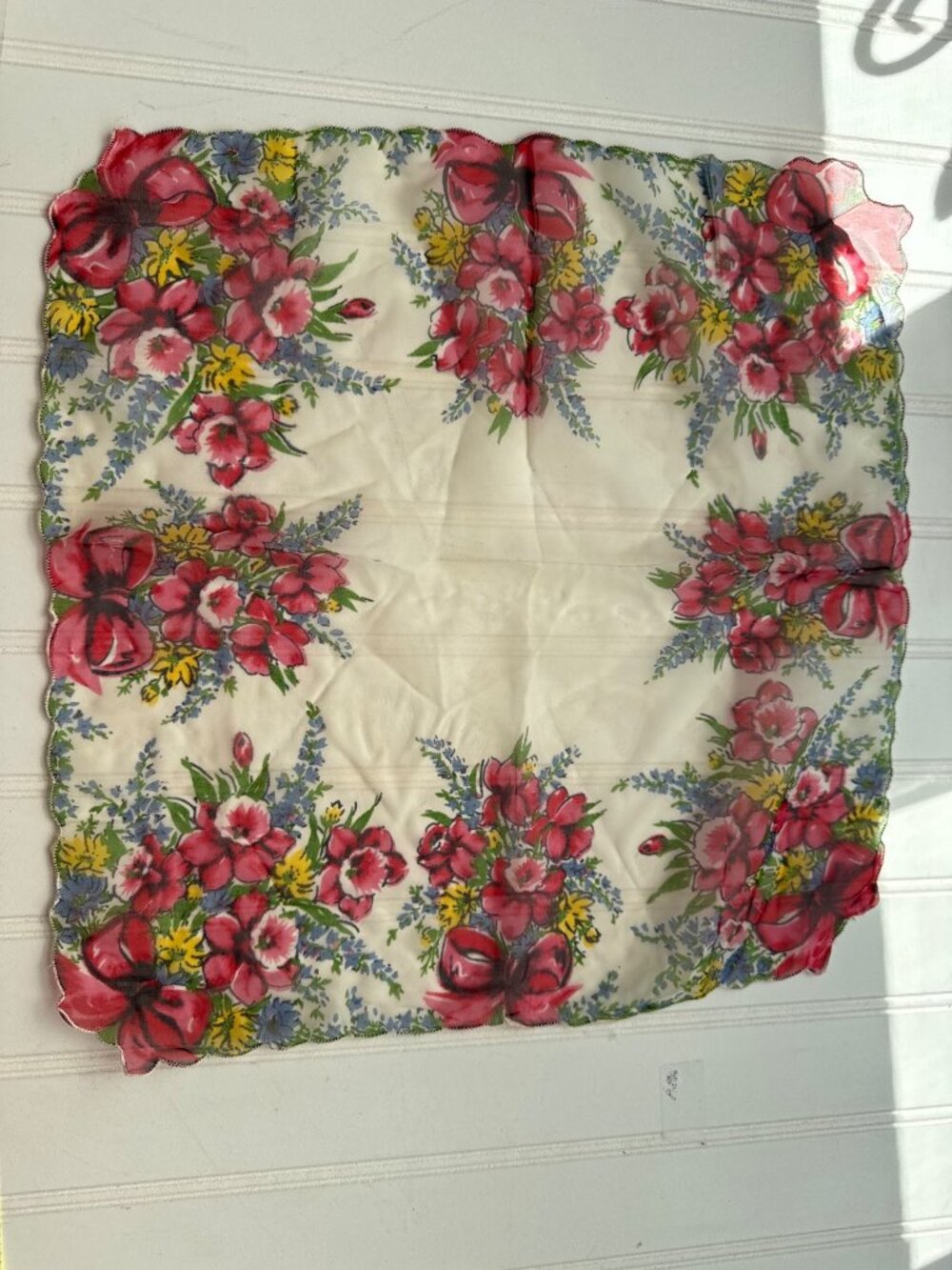 Vintage Sheer Floral Handkerchief Cream Multicolor 13 Inches Scalloped Edge